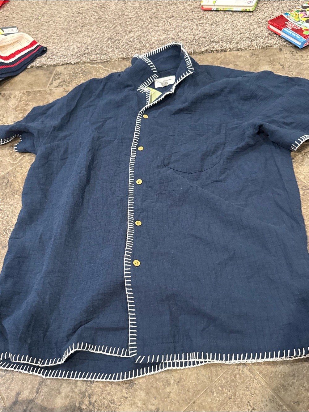 🤍Men's Navy Short-Sleeve Button Shirt with Contrast Stitching